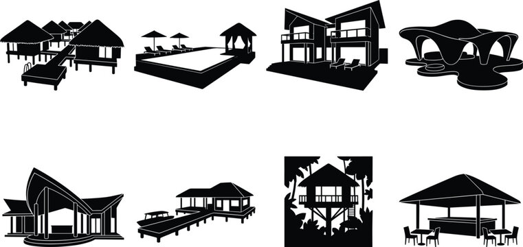 Set of black and white vector silhouettes featuring luxury resort hotels, villas, and vacation architecture elements