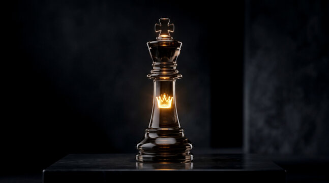 Transparent glass chess king piece with glowing golden crown symbol inside standing on a dark marble surface