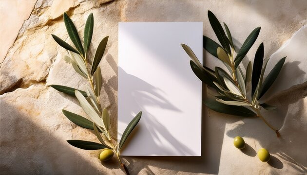 summer wedding invitation mock up with a mediterranean flair showcasing a vertical card and invite embellished with olive leaves on a sunlit light stone background chic bird s eye perspective