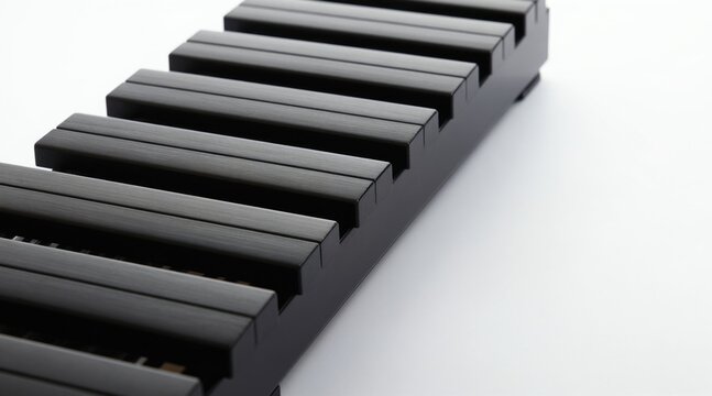 Black vibraphone instrument with metallic bars rests on clean white surface. Percussion device produces melodious sound. Music element has empty copy space.