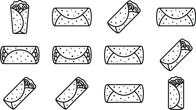 Mexican burrito and shawarma wrap line icon vector set isolated on white background for fast food cafe menu design and restaurant branding graphicsMexican burrito and shawarma wrap line icon vector se
