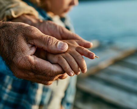 Macro shot of a father's hand holding a child's finger with a wooden splinter, symbolizing parental care, childhood vulnerability, trust, and gentle guidance.