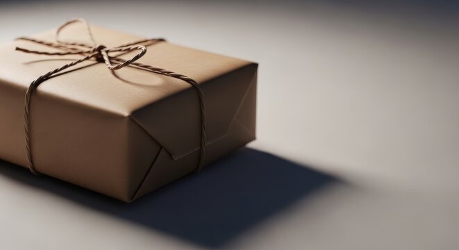 Brown kraft paper gift box tied with twine string. Minimalist wrapped package on light grey background. Rustic parcel or present close up