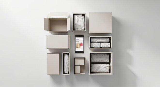 Flat lay of cardboard packaging boxes with a smartphone in the center. E commerce and online shopping concept. Top view of delivery boxes on white background