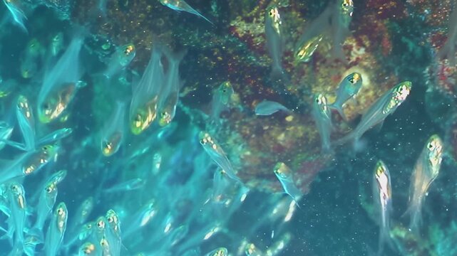 Dense school of shimmering, translucent fish thrives within vibrant coral reef cavern. Their synchronized movements create breathtaking aquatic spectacle, bathed in clear ocean's gentle daylight.