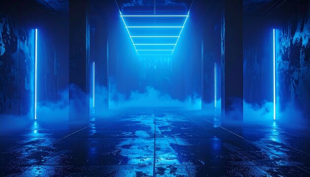 Blue lit corridor.