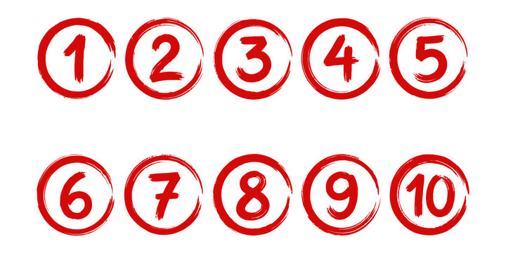 Red numbers 1 to 10 in circles on transparent background