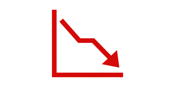 Red downward trend graph with arrow on transparent background