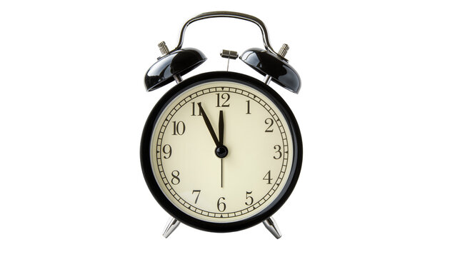 Isolated traditional black alarm clock with twin bells showing time just before twelve.