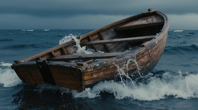 Old wooden boat capsizes in rough ocean waves. Water splashes over weathered timber as vessel sinks. Stormy sea conditions cause maritime disaster. Danger peril risk.