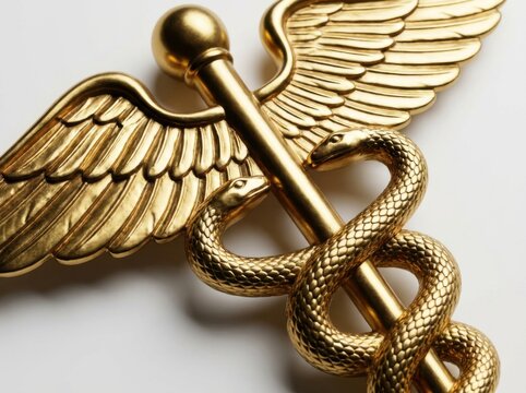 Golden caduceus symbol isolated on white background