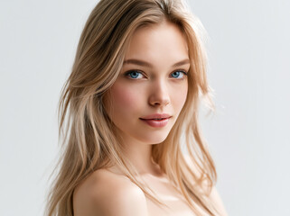 Naklejka premium young blonde woman smiling in studio portrait, cheerful blonde female headshot isolated on white, friendly young woman beauty portrait with smile