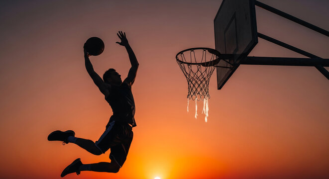 Silhouette of a basketball player dunking against an orange sunset, symbolizing athletic achievement, passion, and the dynamic energy of the sport