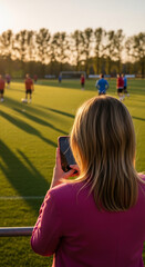 Naklejka premium Woman filming soccer practice with phone at sunset, capturing a sports moment.