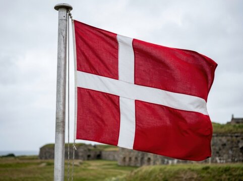 Danish flag flying on a flagpole at a historic coastal fortress