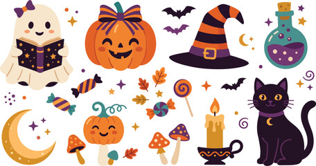 Fototapeta premium Cute hand drawn halloween elements collection featuring a ghost pumpkin witch hat potion bottle black cat and autumn leaves on white background