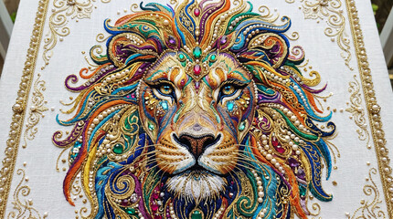 Obraz premium Colorful Pearl Embroidered Lion Face Design