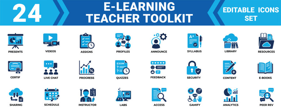 Set of 24 flat vector icons for e-learning teacher toolkit and educational digital platform management tools Vector