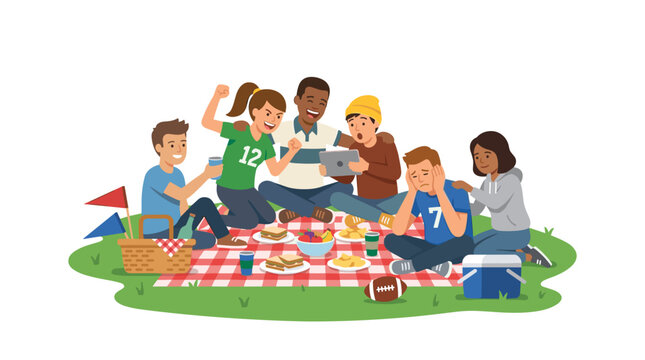 Diverse friends enjoying a picnic and watching a game on a tablet