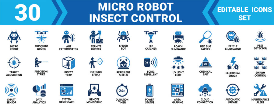Set of 30 micro robot insect control and pest management icons for smart technology and automated extermination systems Vector