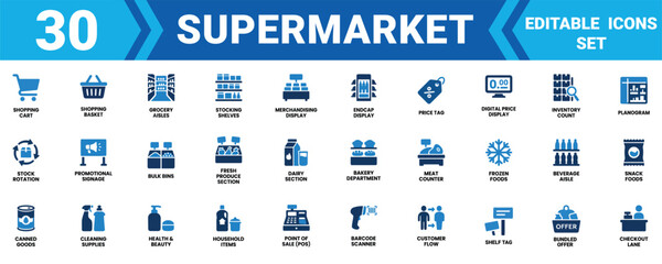 Set of thirty supermarket and grocery store icons for retail business and shopping design elements in blue style Vector © SIMUL