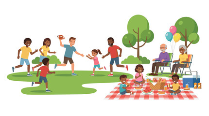 Fototapeta premium Diverse family enjoying a sunny day picnic and playing football in the park