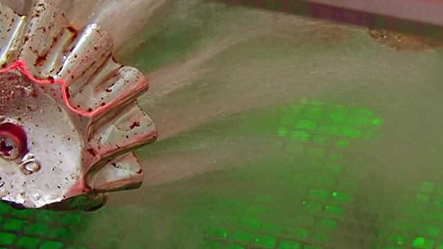 An internal view reveals the mechanical heart of an air purifier. Water cascades over a spinning turbine, catching brilliant green lights, performing its vital role in refreshing the atmosphere.