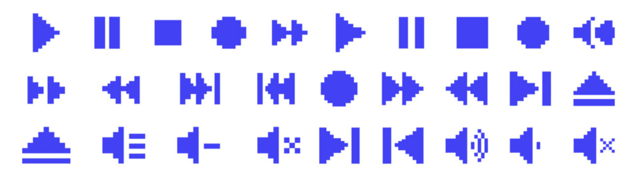 Blue Pixel Art Media Player Vector Icon Set with Play, Pause, Fast Forward, and Volume Controls for Retro Game UI Design
