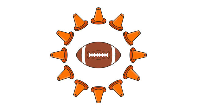 American Football Surrounded by Orange Cones in a Circle