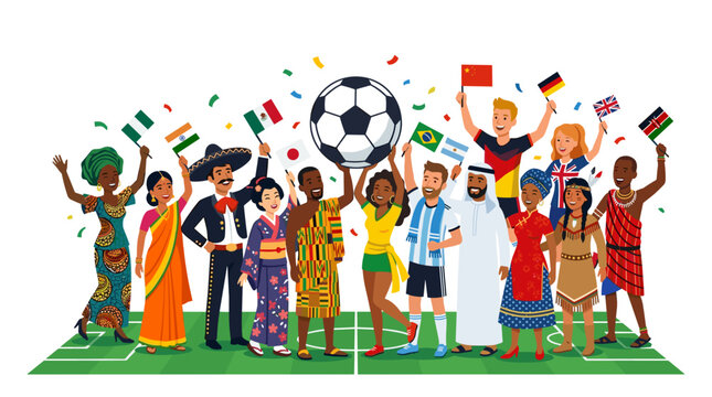 Diverse people celebrating football with flags and confetti