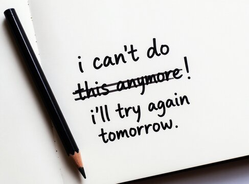 Notebook page shows crossed out negative self talk I cant do this anymore replaced with positive I will try again tomorrow message. Pencil lies on page.