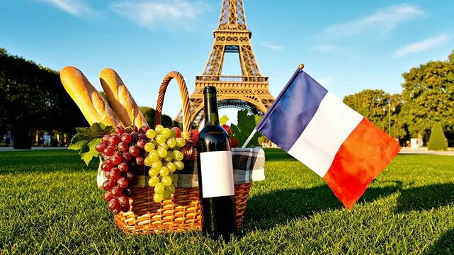 Scenic Wicker Picnic Basket Filled With Grapes, Wine, And Baguettes Against Eiffel Tower In Sunny Paris