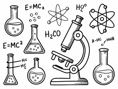 Hand-drawn science icons including flasks atoms and a microscope representing research and discovery perfect for educational materials and presentations