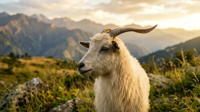 cashmere goat close up at golden light in mongolia