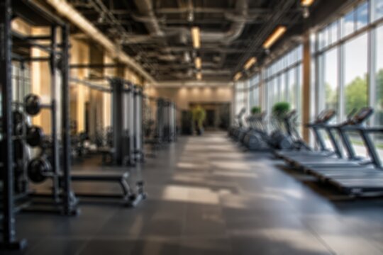 Blurred gym interior fitness center background modern empty workout room abstract training facility wellness club health equipment bokeh