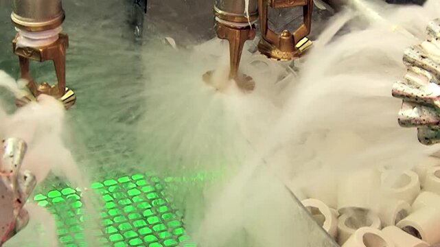 Powerful water jets unleash a turbulent storm, drenching intricate filter media within an industrial air purification system. The continuous deluge actively scrubs and purifies air streams.