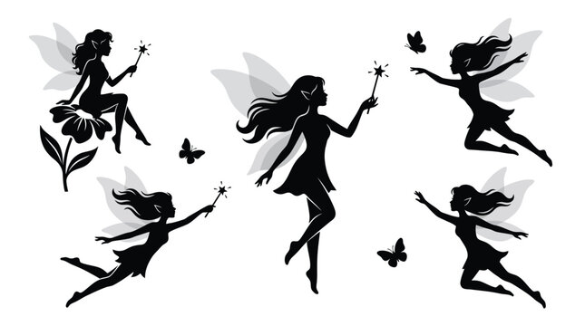 Beautiful fairy vector illustration set featuring delicate winged magical creatures holding sparkling star magic wands