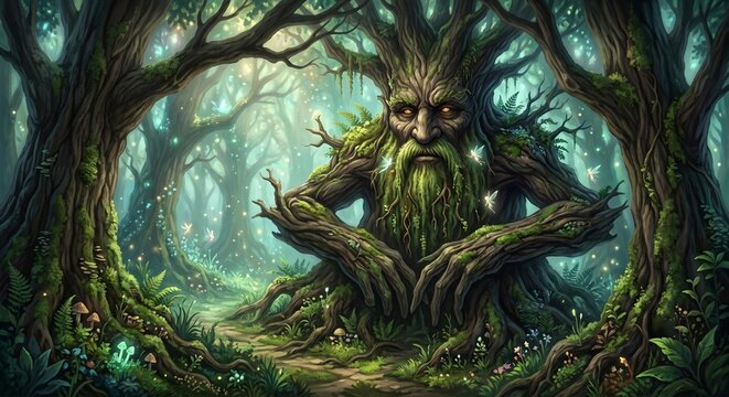 Colossal ancient Ent spirit guarding a glowing enchanted forest