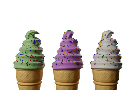 3D Render of Three Assorted Ice Cream Cones with Colorful Sprinkle Toppings with Copy Space