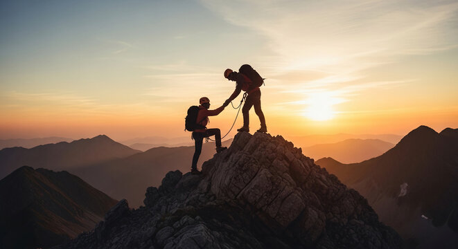 Silhouetted climbers assist each other on a rocky peak at sunset, symbolizing teamwork, achievement, and the challenges of reaching a summit