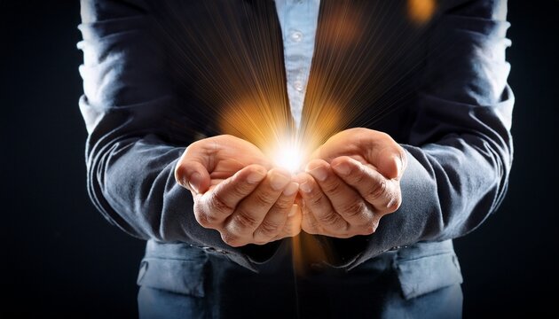 glowing light in cupped hands dark background