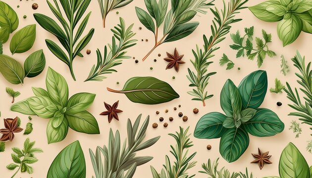 seamless green herb and spice pattern on beige background for organic and culinary design
