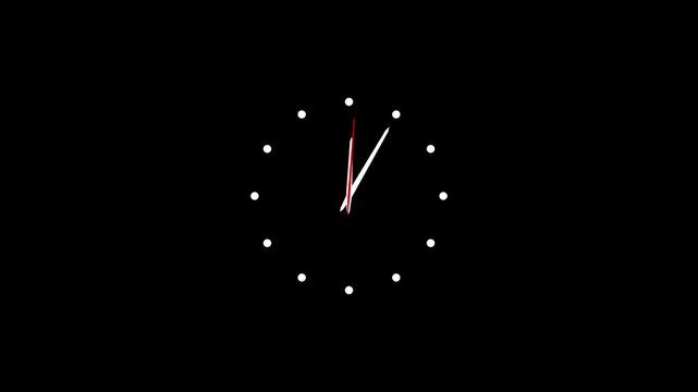 Minimalist analog clock animation featuring white hour and minute hands with a spinning red second hand isolated on a black background for easy compositing and video editing