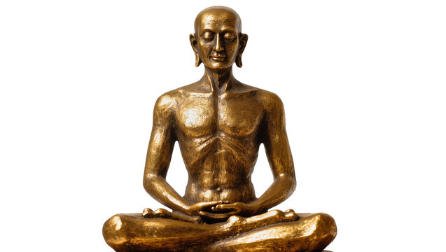 Isolated bronze sculpture of emaciated Buddha, Siddhartha Gautama in deep meditation