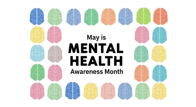 Mental health awareness month graphic with colorful brain illustrations