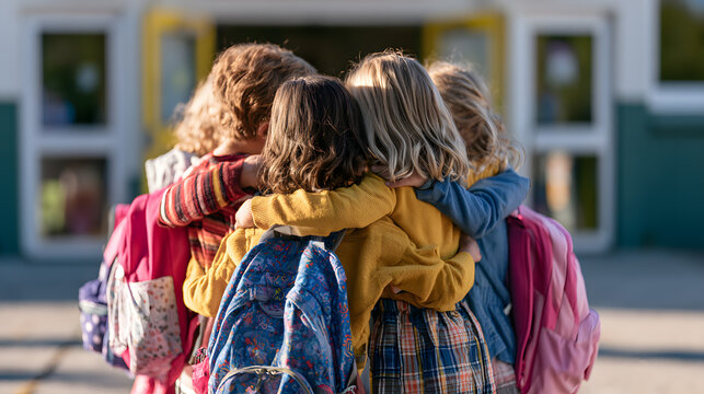 Young elementary school children hugging each other outdoors