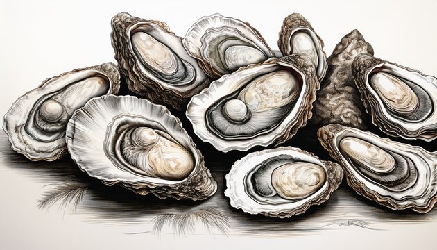 various oysters depicted in detailed line drawings showcasing different shapes and sizes from a direct viewpoint