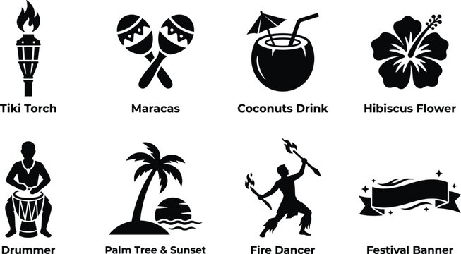 Set of black and white vector icons featuring tropical Hawaiian party elements and Polynesian culture symbols
