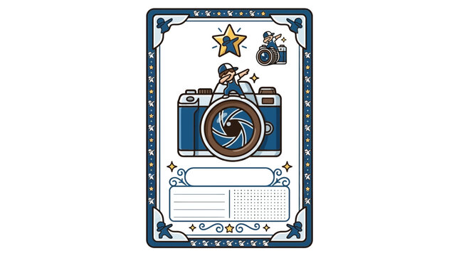 Creative Photography Themed Border Design with Dabbing Character and Vintage Camera Illustration