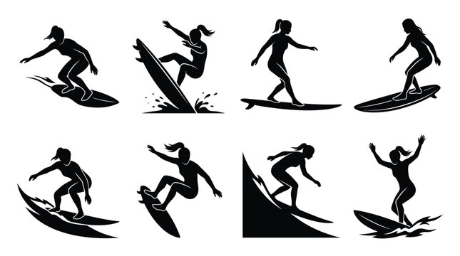 Collection of black vector illustrations depicting female surfers riding waves in various active athletic poses